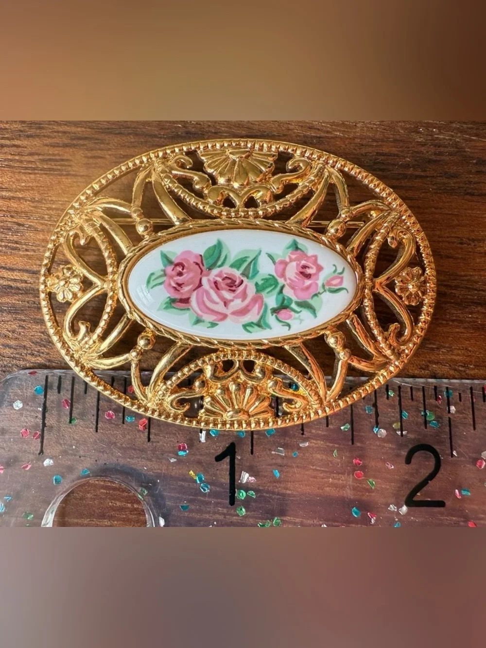 Avon Gold Tone Brooch with Pink Floral Design Flower Rose Cameo